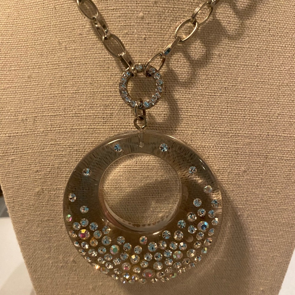 CJ Necklace,statement,lucite,2-1/2” dia.w/rinestone bling. Necklace,26” w/3”ext